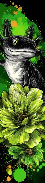 Free printable axolotl bookmark featuring a green and black axolotl